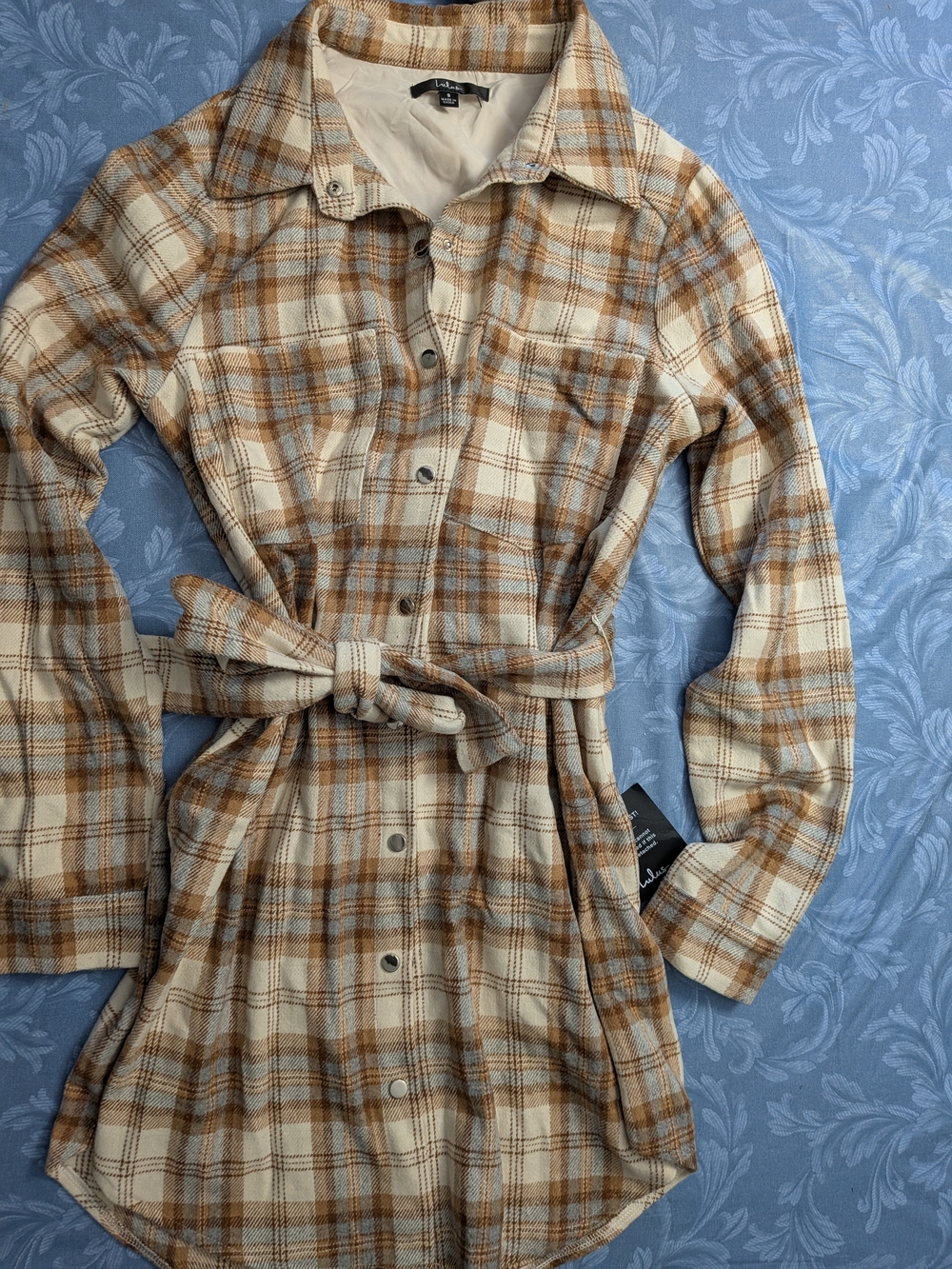 Lulu's Tan & Cream Plaid Belted Shirt Jacket